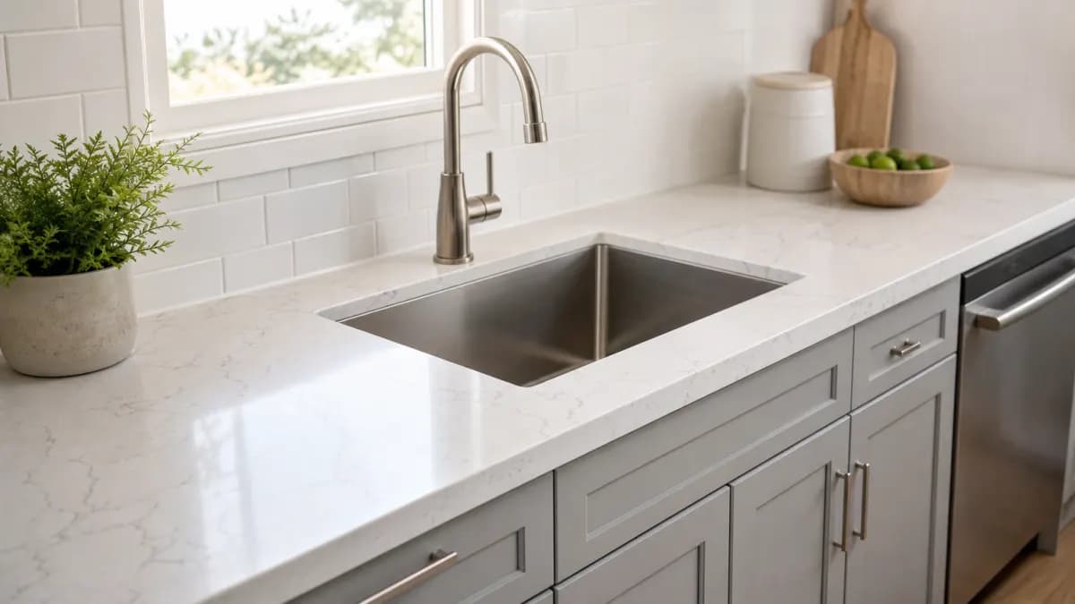 White quartz countertop with soft gray veining around an undermount stainless sink and light gray shaker cabinets