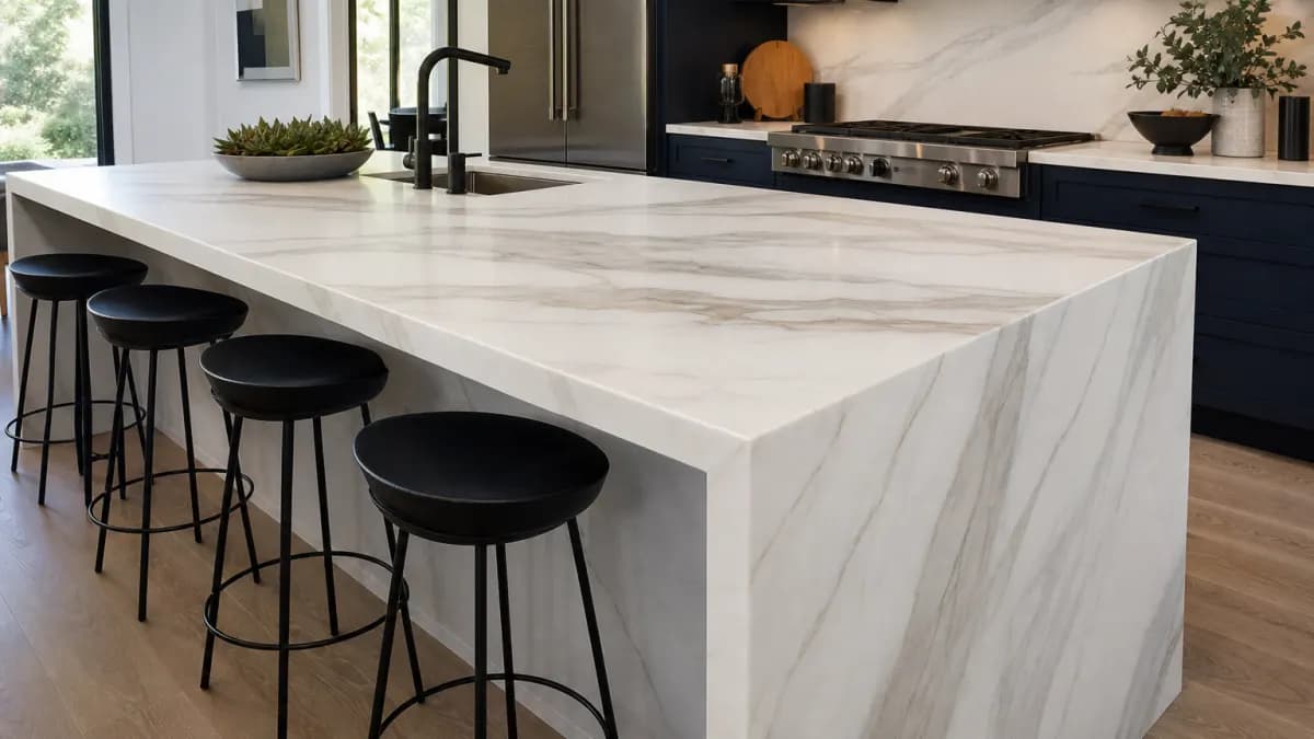White quartzite kitchen island with taupe veining and a mitered waterfall end panel